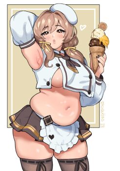 1girl apron arm_behind_head armpits artist_name blush border bready_(nikke) breasts brown_eyes brown_hair brown_skirt brown_thighhighs buttons commentary_request cowboy_shot elegg_(nikke) food goddess_of_victory:_nikke hair_between_eyes hair_intakes hat heart highres ice_cream iroquoisdomi large_breasts long_hair long_sleeves looking_at_viewer miniskirt muffin_top navel outside_border parted_lips pleated_skirt plump simple_background skirt thick_thighs thighhighs thighs waist_apron white_border white_hat