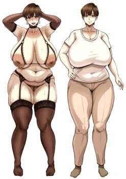 1girl armpit_crease armpits arms_behind_head belly black_bra black_choker black_gloves black_panties black_thighhighs blush bra breasts brown_eyes brown_hair brown_socks choker clothing_cutout covered_navel crotch_cutout cupless_bra dark_areolae dark_nipples earrings elbow_gloves embarrassed eyeshadow female_pubic_hair garter_belt garter_straps gloves hand_on_own_hip highres huge_areolae huge_breasts inverted_nipples jewelry lace lace-trimmed_bra lace-trimmed_choker lace-trimmed_thighhighs lace_trim large_areolae lingerie lips makeup mature_female multiple_views navel nipples open_mouth original panties pants plump pubic_hair pussy pussy_peek red_lips sagging_breasts shirt short_hair smile socks solo sphere_earrings standing sweat thick_thighs thighhighs thighs toshi_(8868750) underwear white_background white_shirt
