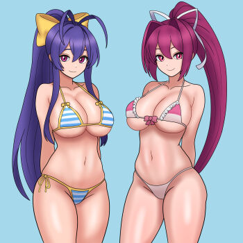 2girls absurdres arc_system_works arms_behind_back bikini blazblue blazblue:_cross_tag_battle bojack198 breasts cleavage crossover hair_ribbon highres large_breasts legs long_hair looking_at_viewer mai_natsume multiple_girls navel pink_eyes pink_hair ponytail purple_eyes purple_hair ribbon smile swimsuit thighs thong_bikini toned under_night_in-birth very_long_hair yuzuriha_(under_night_in-birth)