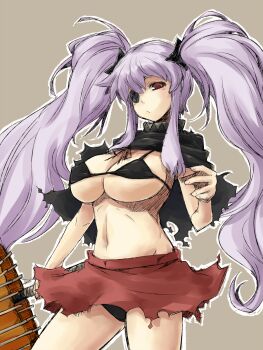 10s 1girl bikini bikini_top_only black_panties breasts cleavage eyepatch female_focus highres large_breasts long_hair navel ofuro_mantarou panties pantyshot purple_hair red_eyes senran_kagura skirt solo swimsuit twintails umbrella underwear upskirt very_long_hair yagyu_(senran_kagura)