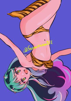 1girl animal_print bikini blue_background boots breasts commentary cone_horns highres horns knee_boots long_hair looking_at_viewer lum navel open_mouth print_bikini print_boots simple_background snow_(snowsnow211) solo swimsuit tiger_print twitter_username upside-down urusei_yatsura