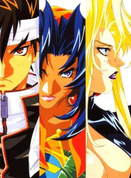 1990s_(style) 1boy 2girls bandana blonde_hair dark_skin eiji_shinjo kotobuki_tsukasa lipstick makeup multiple_girls official_art retro_artstyle sofia tamsoft toushinden tracy_(toushinden)