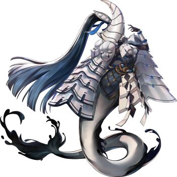 Rule 34 | 1girl, armor, artist request, blue hair, blue lips, blue ribbon, breasts, clothing cutout, colored skin, full body, grey skin, hair ribbon, highres, japanese armor, mermaid, minthe (persona), monster girl, official art, persona, persona (summon), persona 5, persona 5: the phantom x, ribbon, solo, third-party source, transparent background