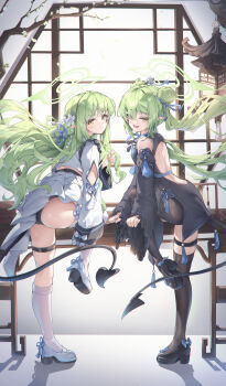 2girls absurdres alternate_costume bare_shoulders black_shoes black_thighhighs blue_archive closed_mouth clothing_cutout commentary_request detached_sleeves from_behind green_hair halo highres hikari_(blue_archive) kneehighs long_hair long_sleeves looking_at_viewer looking_back multiple_girls norimori nozomi_(blue_archive) open_mouth pointy_ears shoes siblings sisters socks tail thighhighs twins v-shaped_eyebrows very_long_hair white_shoes white_socks yellow_eyes