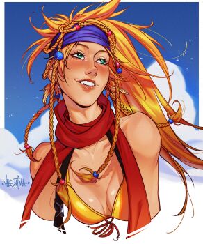 1girl absurdres beads blonde_hair blue_sky breasts cleavage cloud final_fantasy final_fantasy_x final_fantasy_x-2 green_eyes hair_beads hair_ornament highres long_hair looking_to_the_side red_scarf rikku_(ff10) scarf signature sky small_breasts solo upper_body valentina_tavolilla