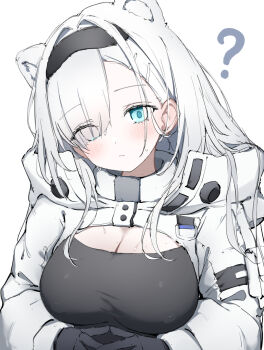 1girl ? animal_ear_fluff animal_ears arknights aurora_(arknights) aurora_(elite_ii)_(arknights) bear_ears bear_girl black_gloves black_hairband black_shirt blue_eyes blush breasts cleavage closed_mouth commentary_request covered_erect_nipples extra_ears gloves hair_intakes hair_over_one_eye hairband head_tilt highres large_breasts long_hair long_sleeves looking_at_viewer shirt shrug_(clothing) simple_background solo sweat upper_body white_background white_hair white_shrug yuukun_mk-ii