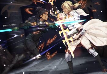 2girls armor ashera_(xenoblade) battle black_hair blonde_hair blood blood_from_mouth blood_on_face blue_eyes boobplate breastplate breasts catherine_(fire_emblem) clenched_teeth commentary crossover dannex009 dark-skinned_female dark_skin english_commentary fire_emblem fire_emblem:_three_houses grin highres holding holding_sword holding_weapon large_breasts looking_at_another multiple_girls nintendo ponytail red_eyes short_hair shoulder_armor smile standing sword teeth twin_blades weapon xenoblade_chronicles_(series) xenoblade_chronicles_3