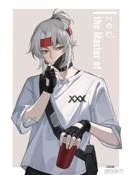 Rule 34 | 1boy, absurdres, alternate costume, artist name, bag, black bag, black choker, black gloves, border, character name, choker, commentary, cup, dated, english commentary, fingerless gloves, gloves, grey background, hair bun, hand up, headband, highres, holding, holding cup, immortal journey zed, iroin11, league of legends, looking at viewer, male focus, mask, mouth mask, official alternate hairstyle, outside border, parted lips, red eyes, red headband, removing mask, shirt, shoulder bag, single hair bun, solo, upper body, white border, white hair, white shirt, zed (league of legends)