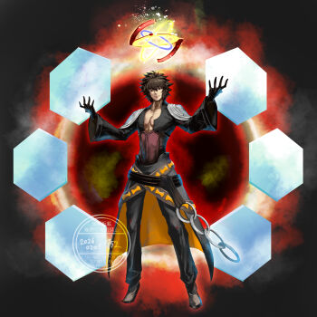 152_in_can 1boy archimedes_(fate) belt black_belt black_pants blue_eyes brown_eyes brown_hair cape center_opening commentary_request fate/extella fate/extra fate_(series) full_body gloves hair_between_eyes highres long_sleeves male_focus mirror noble_phantasm_(fate) orange_cape pants pectorals red_shirt shirt short_hair solo