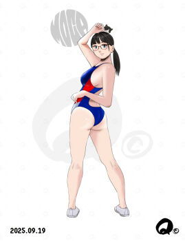 1girl animal animal_on_head artist_logo ass black_hair blue_one-piece_swimsuit breasts cat cat_on_head commentary_request competition_swimsuit dated glasses logo looking_at_viewer looking_back low_ponytail medium_breasts on_head one-piece_swimsuit original ponytail q98780409 racerback shoes solo swimsuit two-tone_swimsuit uwabaki white_shoes