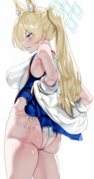 1girl animal_ear_fluff animal_ears ass blonde_hair blue_archive blue_eyes blue_halo breasts commentary_request competition_swimsuit halo highres jacket kanna_(blue_archive) kanna_(swimsuit)_(blue_archive) large_breasts long_hair official_alternate_costume one-piece_swimsuit ponytail sharp_teeth simple_background solo swimsuit teeth uenoryoma white_background white_jacket white_one-piece_swimsuit