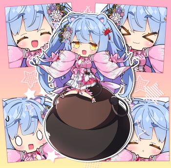 &gt;_&lt; 0_0 1girl :d ^_^ blue_flower blue_hair blush breasts brown_eyes chibi closed_eyes closed_mouth commentary_request commission flower geta gradient_hair hair_flower hair_ornament highres japanese_clothes kimono knees_together_feet_apart large_breasts long_hair long_sleeves milkpanda multicolored_hair multiple_views obi open_mouth original pink_flower pink_kimono pleated_skirt purple_hair red_flower sandals sash short_eyebrows skeb_commission skirt smile star_(symbol) tengu-geta thick_eyebrows very_long_hair white_flower white_sandals white_skirt wide_sleeves