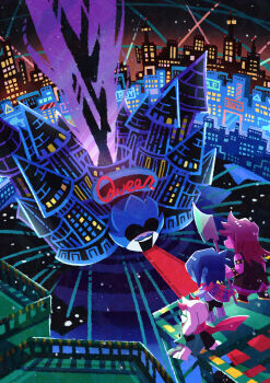 Rule 34 | 1boy, 1girl, 1other, absurdres, animal ears, black jacket, blue hair, blue skin, building, cape, castle, city, city lights, cityscape, colored skin, commentary request, deltarune, dress, facing away, from above, glasses, goat boy, goat ears, goat horns, green dress, highres, horns, jacket, kris (dark world) (deltarune), kris (deltarune), medium hair, night, outdoors, pink cape, pink scarf, pink skin, purple hair, railing, ralsei, red carpet, round eyewear, scarf, scenery, short hair, sitting, sleeveless, sleeveless jacket, standing, susie (dark world) (deltarune), susie (deltarune), utdr (toby fox), watawata22, wide shot