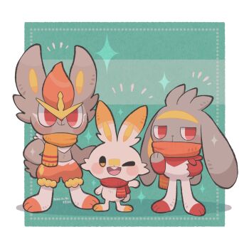 alternate_color animal_focus border cinderace covered_mouth dated evolutionary_line full_body gen_8_pokemon green_background happy_aura highres karin_(100100) nintendo no_humans one_eye_closed orange_scarf pokemon pokemon_(creature) raboot red_eyes red_scarf scarf scarf_over_mouth scorbunny shiny_pokemon signature white_border