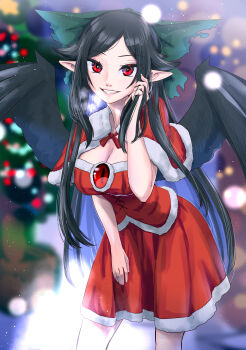 Rule 34 | 1girl, bird wings, black hair, black wings, blurry, blurry background, bow, breasts, christmas, christmas tree, cleavage, commentary, fur trim, green bow, hair bow, hair flaps, hand in own hair, highres, large breasts, long hair, pointy ears, red eyes, red shirt, red skirt, reiuji utsuho, shirt, skirt, smile, solo, tenamaru, third eye, touhou, very long hair, wings