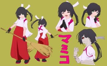 1girl 3d amputee bandage_over_one_eye bandaged_arm bandaged_hand bandaged_head bandages black_gloves black_hair blender_(medium) broom commentary_request full_body gloves hair_ribbon hakama hakama_skirt holding holding_broom japanese_clothes looking_at_viewer mamiko_(yasuda_genshou) miko multiple_views original ponytail red_eyes red_hakama ribbon simple_background skirt smile tasuki translation_request upper_body yasuda_genshou