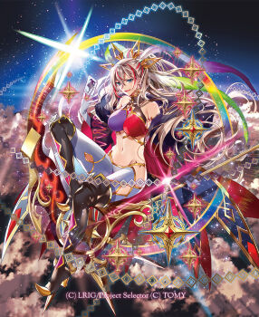 1girl between_fingers boots breasts card card_between_fingers carnival_(wixoss) commentary_request copyright_notice crop_top detached_sleeves gloves gold_trim green_eyes grey_gloves grey_hair grey_thighhighs hair_ornament highres holding holding_cardboard_cutout jester joker_(playing_card) large_breasts long_hair looking_at_viewer midriff multicolored_hair murakami_yuichi navel official_art open_mouth playing_card red_hair solo teeth thighhighs wixoss