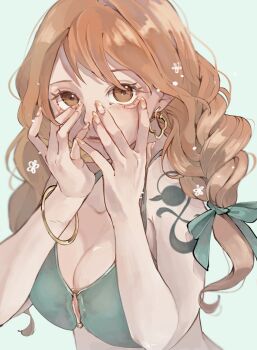 1girl aqua_bikini aqua_ribbon bangle bare_shoulders bikini blue_background bracelet braid breasts brown_eyes cleavage closed_mouth collarbone commentary earrings gold_bracelet gold_earrings hair_ribbon halterneck hands_on_own_face highres jewelry large_breasts lips long_hair looking_at_viewer low-tied_long_hair nami_(one_piece) o-ring o-ring_top one_piece orange_hair ribbon shoulder_tattoo solo swimsuit tattoo twin_braids u_mi031 upper_body