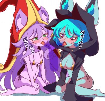 2girls animal_ears bags_under_eyes bikini black_hoodie blush breasts closed_mouth clothes_lift colored_skin embarrassed female_focus gold_bikini green_eyes green_hair grey_skin hands_on_own_knees hat hood hood_up hoodie hoodie_lift kinokodake league_of_legends long_hair looking_afar lulu_(league_of_legends) medium_breasts multiple_girls navel open_mouth pink_skin purple_eyes purple_hair red_hat short_hair shortstack side-tie_bikini_bottom simple_background sitting sleeves_past_fingers sleeves_past_wrists small_breasts smug swimsuit tongue tongue_out two-tone_hat very_long_hair vex_(league_of_legends) wariza white_background yellow_hat yordle