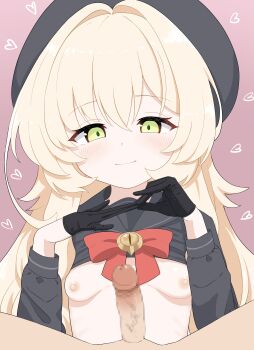 1boy 1girl absurdres beret black_gloves black_hat black_sailor_collar blonde_hair blue_archive blush bow bowtie breasts censored closed_mouth clothes_lift erection glove_pull gloves green_eyes hat heart hetero highres loli long_hair long_sleeves looking_at_viewer mosaic_censoring nipples paid_reward_available penis pink_background pov pov_crotch professor_niyaniya_(blue_archive) red_bow red_bowtie sailor_collar school_uniform serafuku simple_background small_breasts smile solo_focus tenuwi upper_body