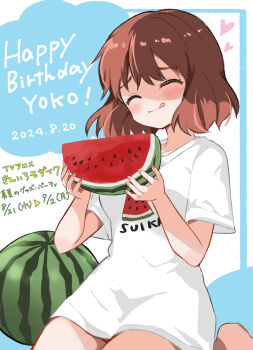 1girl :3 :p ^_^ barefoot blush breasts brown_hair character_name closed_eyes clothes_writing collarbone commentary_request cowboy_shot dated dot_nose english_text food food_print fruit furrowed_brow happy_birthday hara_yui heart highres holding holding_food holding_fruit holding_watermelon inokuma_youko kin-iro_mosaic kneeling medium_breasts medium_eyebrows no_legwear official_art oversized_clothes oversized_shirt shirt short_hair short_sleeves simple_background solo tongue tongue_out watermelon watermelon_slice white_background white_shirt