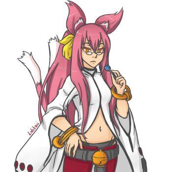Rule 34 | 1girl, animal ears, artist name, blazblue, blazblue: calamity trigger, candy, cat ears, cat tail, female focus, food, glasses, hand on own hip, highres, kokonoe (blazblue), lolitaii, lollipop, midriff, multiple tails, navel, nekomata, orange eyes, pink hair, signature, slit pupils, solo, tail, two tails, upper body