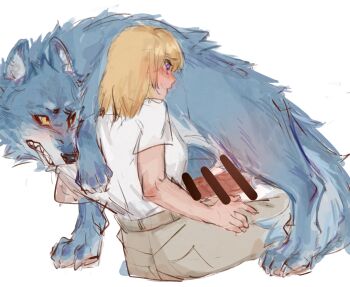 1futa 1girl animal animalization bang_dream! bang_dream!_it's_mygo!!!!! bar_censor bestiality blonde_hair blue_fur brown_skirt casual censored chinese_commentary clenched_teeth commentary_request eyeliner frown futa_with_female futanari highres invisible_chair lingchun-renji looking_at_another looking_at_penis makeup medium_hair misumi_uika penis profile purple_eyes red_eyeliner sharp_teeth shirt shirt_tucked_in short_sleeves simple_background sitting skirt t-shirt teeth togawa_sakiko white_background white_shirt wolf yellow_eyes