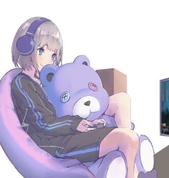 1girl absurdres amage_kanade bad_link bean_bag black_track_suit blue_eyes blue_trim blunt_bangs bob_cut closed_mouth commission controller game_controller grey_hair headphones heterochromia highres holding holding_controller holding_game_controller indie_virtual_youtuber kagura_mirei knee_up light_smile looking_ahead purple_eyes second-party_source shorts sitting skeb_commission stuffed_animal stuffed_toy teddy_bear track_suit unfinished