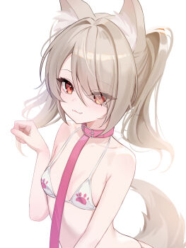 1girl :3 absurdres animal_ear_fluff animal_ears armpit_crease bikini breasts brown_hair cat_ears cat_girl cat_tail closed_mouth collar commentary eyes_visible_through_hair fang hair_over_one_eye hand_up highres leash long_hair looking_at_viewer micro_bikini original paw_pose paw_print red_eyes simple_background small_breasts smile solo swimsuit tail twintails upper_body white_background white_bikini yuuca
