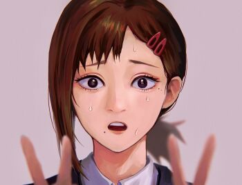 1girl absurdres asaki_illust blurry blurry_foreground brown_eyes brown_hair chainsaw_man collared_shirt double_v hair_ornament hairclip higashiyama_kobeni highres jacket looking_at_viewer mole mole_under_eye mole_under_mouth multiple_moles ponytail shirt short_ponytail single_sidelock solo suit_jacket sweat v white_shirt