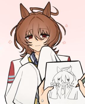 1girl 1other agnes_tachyon_(tach-nology)_(umamusume) agnes_tachyon_(umamusume) ahoge animal_ears blush brown_hair closed_mouth coat commentary drawing_(object) emptiedfishtank english_commentary hair_between_eyes highres holding holding_pencil horse_ears horse_girl lab_coat necktie pencil red_background shirt simple_background sleeves_past_fingers sleeves_past_wrists solo_focus sweatdrop umamusume upper_body white_coat