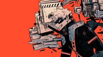 Rule 34 | 1boy, 5mll3, bakugou katsuki, boku no hero academia, collared shirt, eye mask, grin, long sleeves, male focus, mask, red background, red eyes, shirt, short hair, shoulder cannon, simple background, smile, solo, spiked hair, superhero costume, teeth, upper body, wide-eyed