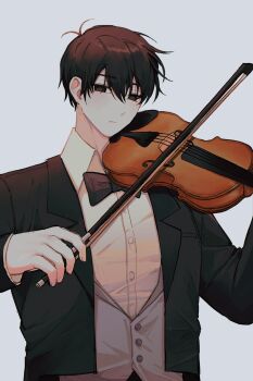 Rule 34 | 1boy, aged up, antenna hair, black bow, black bowtie, black eyes, black hair, black jacket, bow, bow (music), bowtie, buttons, closed mouth, collared shirt, commentary request, grey background, grey vest, hair behind ear, hair between eyes, hand up, highres, holding, holding bow (music), holding instrument, holding violin, instrument, jacket, korean commentary, long sleeves, looking at viewer, male focus, no pupils, omo taru, omori, open clothes, open jacket, shirt, short hair, simple background, solo, sunny (omori), upper body, vest, violin, white shirt