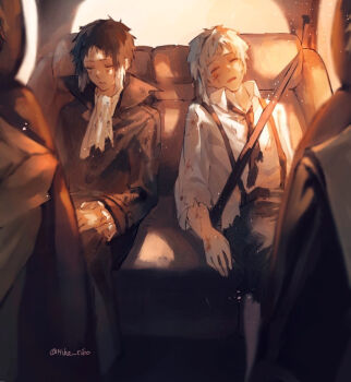 4boys akutagawa_ryuunosuke_(bungou_stray_dogs) ascot black_coat black_hair black_necktie black_pants black_streaks bungou_stray_dogs car_interior car_seat closed_eyes closed_mouth coat collared_coat collared_shirt colored_tips commentary_request dirty dirty_clothes dirty_face hiba_riko male_focus multicolored_hair multiple_boys nakajima_atsushi_(bungou_stray_dogs) necktie open_mouth pants seatbelt shirt short_hair sidelocks single_sidelock sitting suspenders torn_ascot torn_clothes torn_necktie torn_sleeves twitter_username two-tone_hair vehicle_interior white_ascot white_hair white_shirt