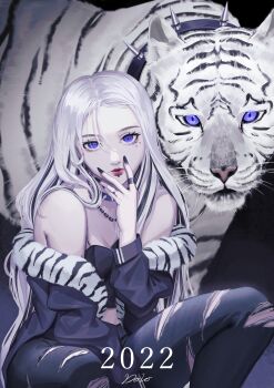 Rule 34 | 1girl, 2022, absurdres, animal print, artist name, black choker, black hair, black jacket, black pants, chinese zodiac, choker, commentary request, doloyume, face piercing, grey hair, highres, jacket, jewelry, lip piercing, lips, long hair, looking at viewer, multicolored hair, multiple rings, necklace, open clothes, open jacket, original, pants, piercing, purple eyes, ring, solo, spiked choker, spikes, streaked hair, tiger, tiger print, torn clothes, torn pants, white tiger, white tiger print, year of the tiger