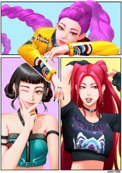 Rule 34 | 3girls, absurdres, artist name, black nails, blue nails, braid, braided ponytail, brown eyes, choker, commentary, crop top, double bun, earrings, english commentary, freckles, hair bun, halterneck, highres, jacket, jewelry, kpop demon hunters, leira cire, long hair, mira (kpop demon hunters), multiple girls, one eye closed, purple hair, ring, rumi (kpop demon hunters), smile, twintails, yellow jacket, zipper, zoey (kpop demon hunters)