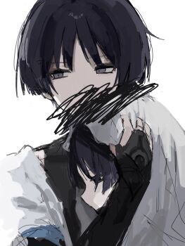 2boys 624_itumo armor black_bodysuit black_bridal_gauntlets black_eyes black_hair blanket_veil blue_sleeves blunt_ends bodysuit bridal_gauntlets dual_persona empty_eyes eyeliner eyeshadow genshin_impact hand_on_another&#039;s_head hand_up highres japanese_armor kote kurokote layered_sleeves looking_to_the_side makeup multiple_boys purple_eyes red_eyeliner red_eyeshadow scaramouche_(genshin_impact) scaramouche_(kabukimono)_(genshin_impact) short_sleeves shoulder_peek sideways_glance sketch squiggle tsurime wanderer_(genshin_impact) white_background white_sleeves wispy_bangs