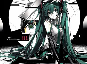 1girl aqua_eyes aqua_hair aqua_necktie bare_shoulders black_boots black_skirt black_sleeves boots detached_sleeves grey_shirt hanaseto hatsune_miku headphones highres long_hair microphone necktie screen shirt skirt sleeveless sleeveless_shirt twintails very_long_hair vocaloid