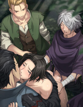 4boys alfyn_greengrass anal anal_fluid ascot bandaged_arm bandages black_hair black_pants blonde_hair blue_eyes blurry blush brown_eyes brown_vest censored closed_eyes clothes_pull collarbone commentary_request cyrus_albright depth_of_field french_kiss from_above green_jacket group_sex hair_over_one_eye half-closed_eyes hands_on_another's_hips hug jacket kiss leaf looking_at_another male_focus masturbation mosaic_censoring multiple_boys nude octopath_traveler octopath_traveler_i olberic_eisenberg open_mouth outdoors pants pants_pull parted_bangs partially_undressed penis pointless_censoring poncho purple_poncho purple_scarf saliva scarf sex sex_from_behind shikimiorange shirt short_hair sleeveless sleeveless_jacket smile spiked_hair sweat tears therion_(octopath_traveler) tongue vest white_ascot white_hair white_shirt yaoi