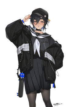 1girl black_choker black_eyes black_hair black_jacket black_pantyhose black_serafuku black_skirt choker colored_inner_hair commentary_request cowboy_shot crossed_bangs dated earbuds earphones gebijiade_89 hair_between_eyes hand_on_headwear hat highres jacket jake_the_dog lips looking_at_viewer mole mole_under_eye multicolored_hair neckerchief open_clothes open_jacket original pantyhose partial_commentary peaked_cap pleated_skirt sailor_collar school_uniform serafuku short_hair sidelocks signature simple_background skirt solo spiked_choker spiked_jacket spikes thick_eyebrows white_background white_neckerchief