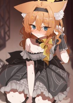 1girl animal_ear_fluff animal_ears between_legs black_hairband black_overskirt blue_archive blue_eyes blush breasts cat_ears choker commentary_request dress frilled_choker frills full-face_blush grey_dress hairband halo hand_between_legs hand_in_own_hair hand_up highres idol idol_clothes long_hair looking_at_viewer low_twintails mamiya076 mari_(blue_archive) mari_(idol)_(blue_archive) medium_breasts official_alternate_costume orange_hair single_bare_shoulder solo sweat twintails yellow_halo