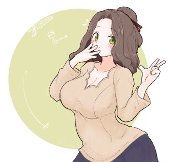 1girl arched_back blush breasts brown_hair brown_shirt cleavage closed_mouth commentary_request cowboy_shot green_eyes hand_to_own_mouth hands_up large_breasts long_hair long_sleeves looking_at_viewer olto_rondo original shirt solo w