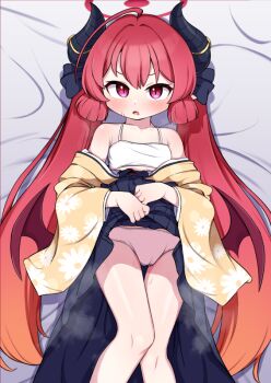 1girl black_hakama blue_archive blush bra cameltoe clothes_lift demon_girl demon_horns demon_wings hakama hakama_lift halo horns japanese_clothes junko_(blue_archive) junko_(new_year)_(blue_archive) kimono lifting_own_clothes loli long_hair looking_at_viewer multicolored_hair open_mouth orange_hair panties red_eyes red_hair red_halo samejima_retro solo twintails underwear white_bra white_panties wings yellow_kimono