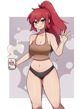 1girl black_panties border breasts brown_tank_top cleavage closed_mouth coffee_mug collarbone commentary commission cowboy_shot crop_top cup double-parted_bangs english_commentary fang fang_out green_eyes grey_background hand_up highres holding holding_cup large_breasts long_hair looking_at_viewer midriff mug navel oninuer original outside_border panties red_hair solo steaming_cup tank_top thighs underwear white_border