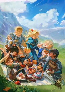 absurdres alcohol apple armor barefoot basket beard black_hair blonde_hair blue_eyes blue_robe blue_sky boots bottle bracer bread brown_footwear cake cake_slice cat_girl cat_tail chilchuck_tims closed_eyes closed_mouth cloud cloudy_sky commentary dark-skinned_male dark_skin dryad_fruit_(dungeon_meshi) dungeon_meshi dwarf eating eggyolkceo elf english_commentary facial_hair facing_another fake_horns falin_touden falin_touden_(tallman) feeding field food fruit full_beard full_body green_eyes headpat helmet highres holding holding_cake holding_food holding_fruit horned_helmet horns izutsumi kabru laios_touden long_beard long_hair long_sleeves looking_at_another lying marcille_donato on_stomach open_mouth outdoors pauldrons picnic picnic_blanket pie pointy_ears pretzel robe senshi_(dungeon_meshi) short_hair shoulder_armor simple_bird single_pauldron sitting sky slit_pupils smile tail tongue tongue_out very_short_hair walking_mushroom_(dungeon_meshi) yellow_eyes