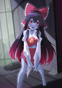 1girl ascot barefoot blue_skin bow brown_hair chinese_commentary colored_skin commentary_request detached_sleeves frilled_bow frilled_hair_tubes frills gradient_hair hair_bow hair_tubes hakurei_reimu highres long_hair looking_at_viewer monsterification multicolored_hair open_mouth pleated_skirt red_bow red_eyes red_hair red_skirt sdftehn sharp_teeth skirt skirt_set solo teeth toes torn_clothes torn_skirt torn_sleeves touhou very_long_hair yellow_ascot zombie