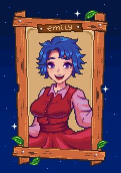 1girl blue_hair breasts commentary dress emily_(stardew_valley) english_commentary highres leaf medium_breasts mimpish open_mouth pink_skirt pixel_art purple_eyes red_dress short_hair skirt skirt_hold smile solo star_(sky) stardew_valley upper_body