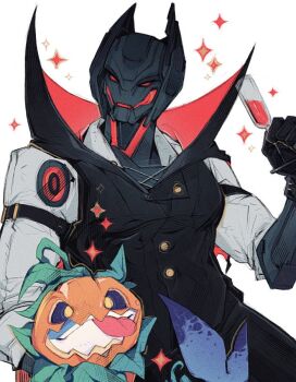 1boy alternate_costume black_gloves black_vest clothed_robot creature cup dotori_012 drinking_glass gloves halloween halloween_costume holding holding_creature holding_cup jeff_(marvel) korean_commentary male_focus marvel marvel_rivals metal_skin official_alternate_costume pumpkin red_eyes robot robot_boy shark shirt sparkle tongue tongue_out ultron vampire vampire_costume vest white_background white_shirt