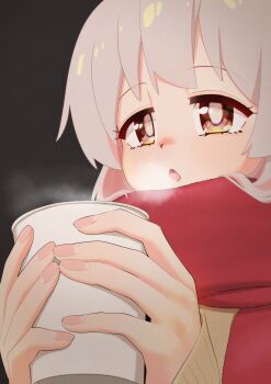 Rule 34 | 1girl, breath, brown eyes, commentary, cup, disposable cup, english commentary, enpera, grey hair, happyundergate, highres, holding, holding cup, light blush, mixed-language commentary, onii-chan wa oshimai!, open mouth, oyama mahiro, red scarf, scarf, solo, steam