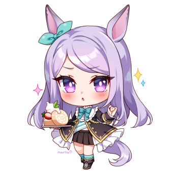 1girl :o animal_ears artist_name black_boots black_coat black_skirt boots bow bowtie cake chibi chibi_only coat commentary ear_bow english_commentary food fruit full_body green_bow green_bowtie green_shirt green_socks holding holding_plate horse_ears horse_girl horse_tail kneehighs long_hair long_sleeves looking_at_viewer mejiro_mcqueen_(frontline_elegance)_(umamusume) mejiro_mcqueen_(umamusume) moorina plate pleated_skirt purple_eyes purple_hair shirt simple_background skirt socks solo standing strawberry strawberry_slice striped_clothes striped_shirt swiss_roll tail umamusume whipped_cream white_background